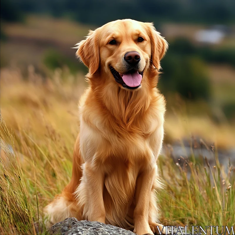 Golden Retriever Sitting on a Rock in a Field AI Image