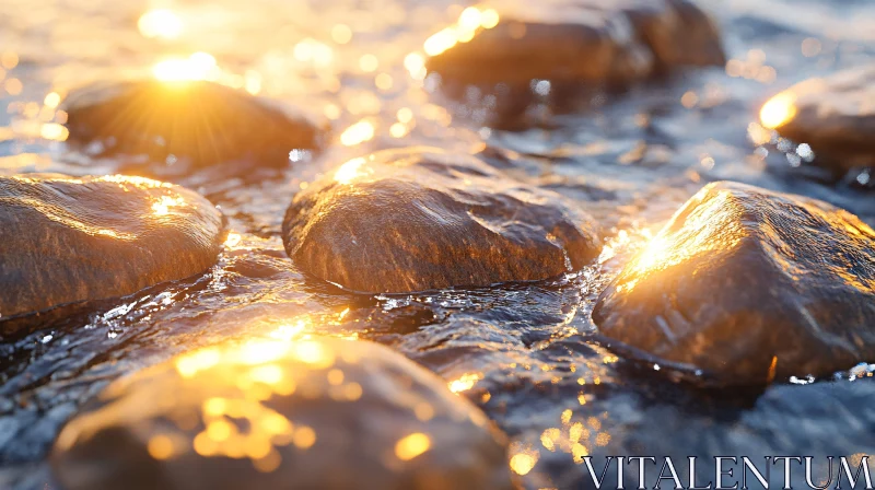 Sunlit Stream with Glistening Rocks AI Image