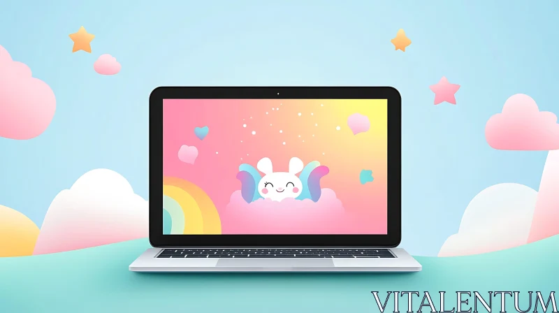 AI ART Whimsical Laptop Screen with Rabbit and Clouds