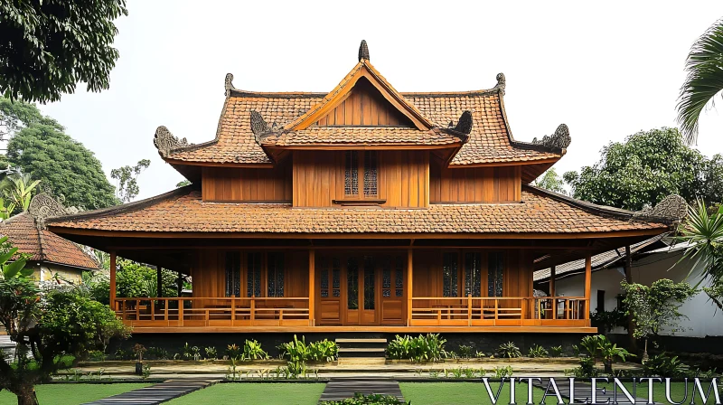 Ornate Wooden House with Tropical Garden AI Image