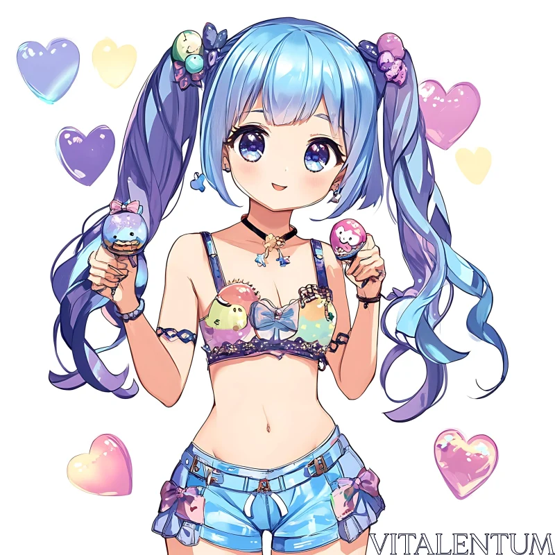 Whimsical Anime Girl with Hearts and Ice Cream AI Image