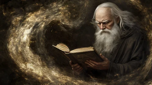 Elderly Man Immersed in Mystical Book