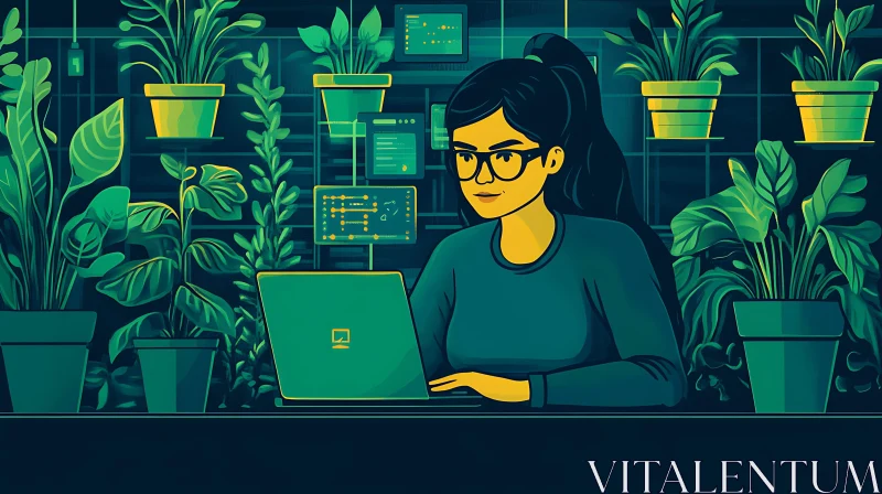 AI ART Green Workspace: Woman with Laptop and Plants