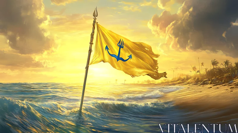 AI ART Golden Flag with Trident on Beach