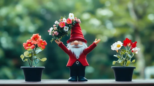 Happy Gnome with Floral Bouquet