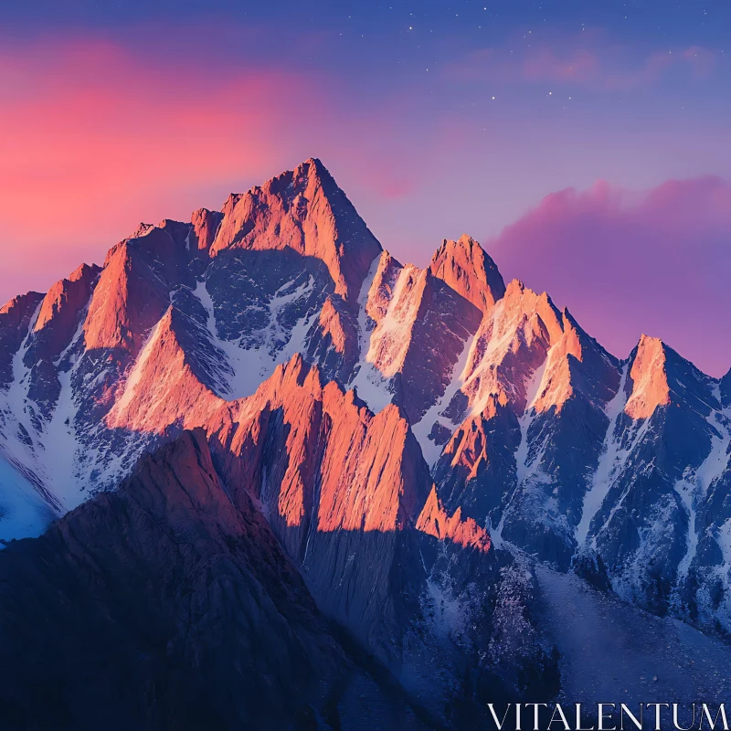 Snowy Peaks Under Pink Skies AI Image