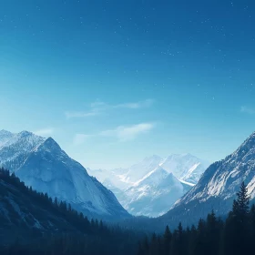 Snowy Mountains and Evergreen Forest View