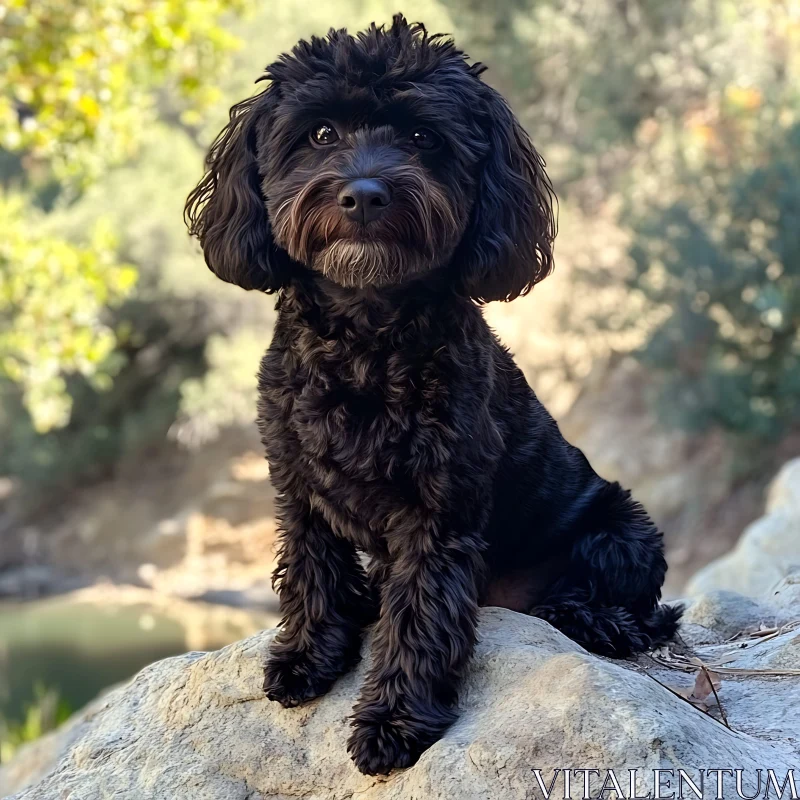 Cute Black Dog on Rocky Terrain AI Image