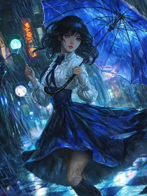 Anime Woman in Rainy City with Blue Umbrella