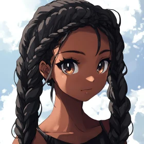 Character with Braids and Cloudy Sky Background