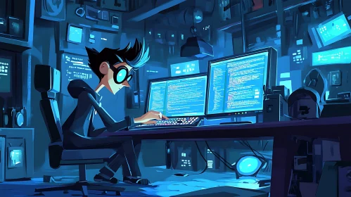 Blue-Toned Programmer at Work Illustration