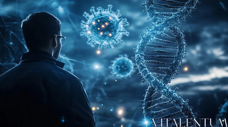 AI ART Man Contemplates DNA and Virus