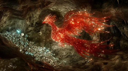 Mythical Phoenix in a Diamond-Studded Cave