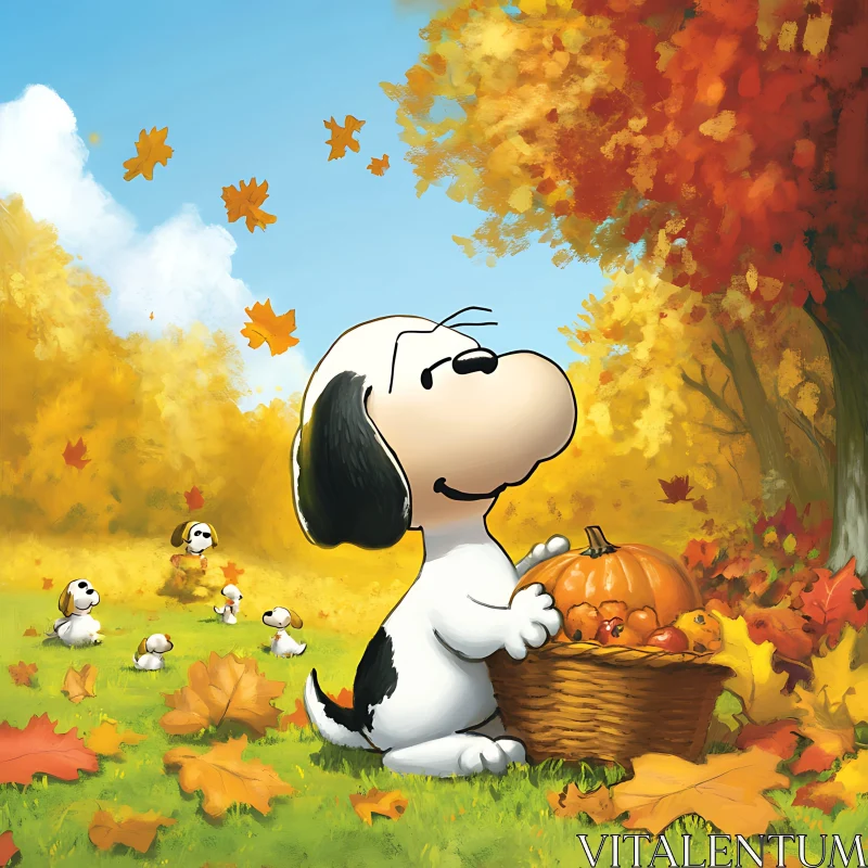 Autumn Bliss: Cartoon Dog with Pumpkin Basket AI Image