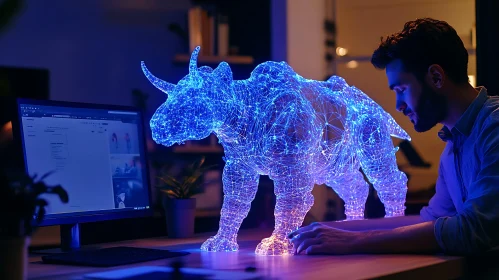 Glowing Wireframe Rhino with Man