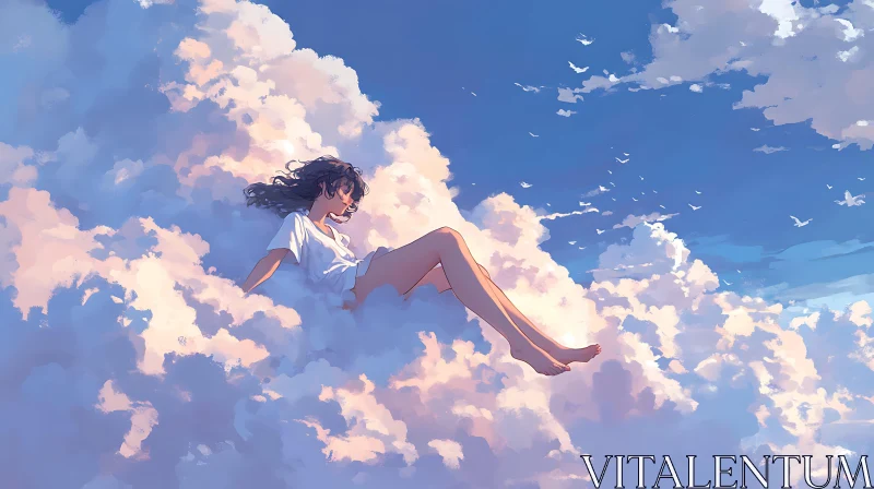 Woman in White Shirt Resting on a Cloud AI Image