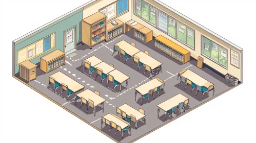 Symmetric Classroom Arrangement with Wooden Furniture