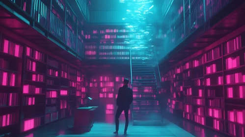 Illuminated Library Study with Figure