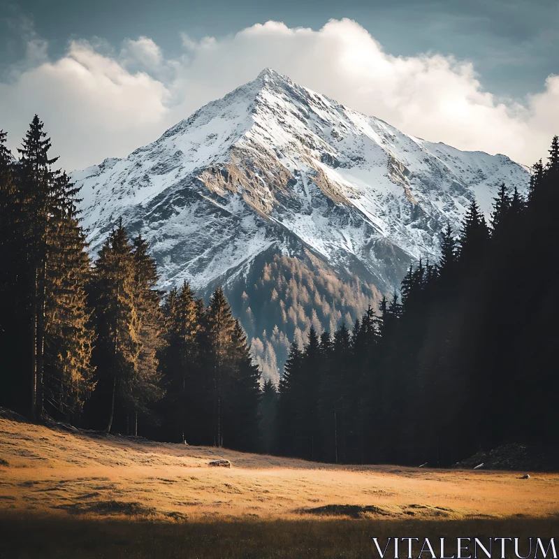 Alpine Mountain Scenery with Golden Field AI Image