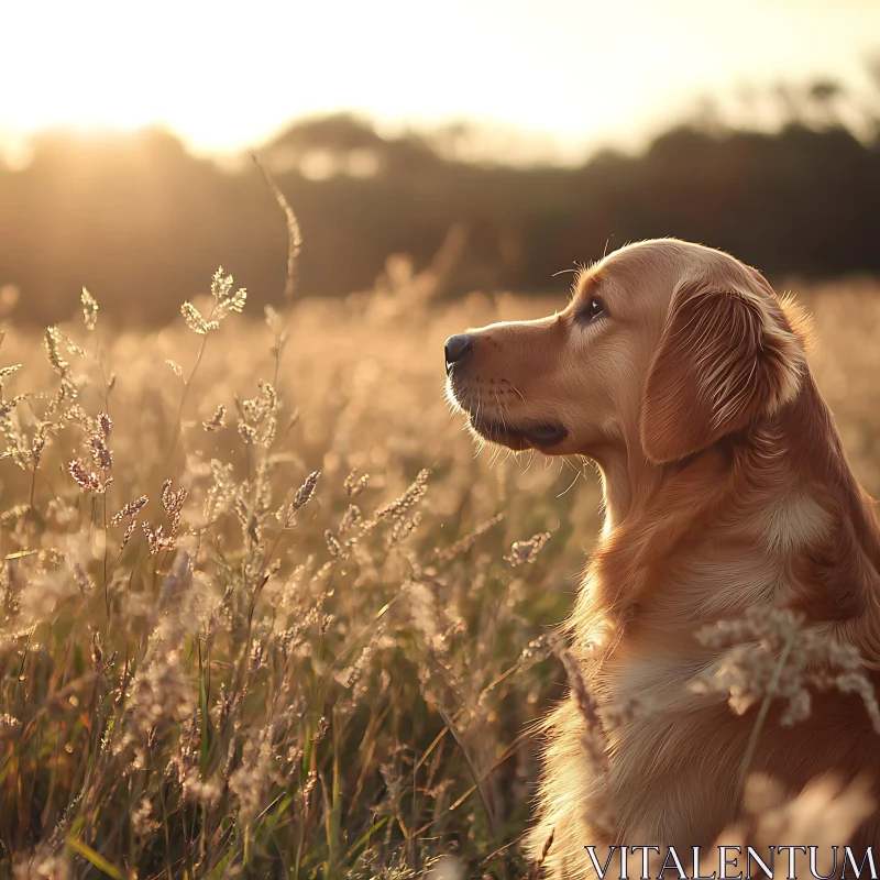 Dog in Golden Field at Sunset AI Image