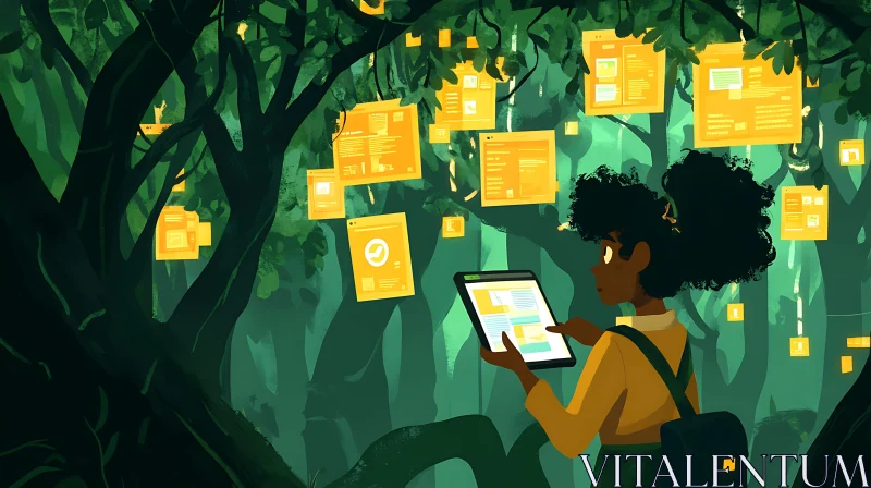 Woman with Tablet in Digital Forest AI Image