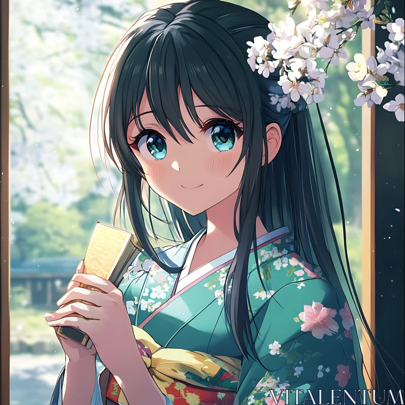 Springtime Anime Girl with Book in Traditional Kimono AI Image