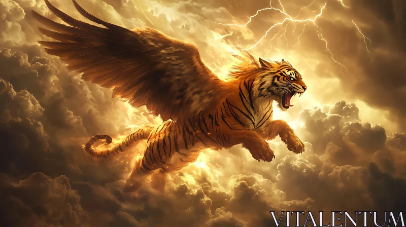 Majestic Tiger with Wings in Cloudy Sky AI Image