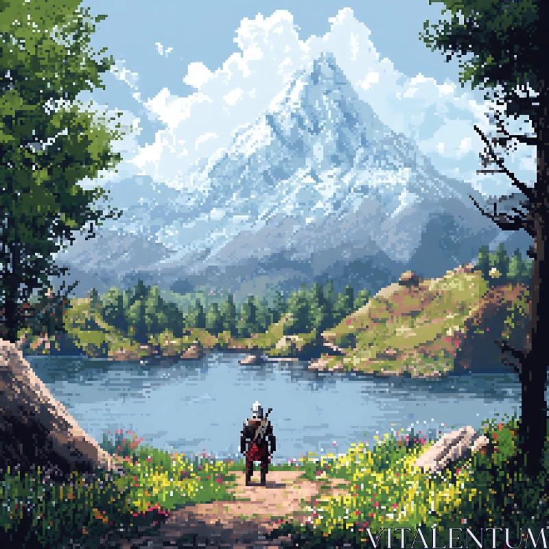 Lone Wanderer at Mountain Lake AI Image