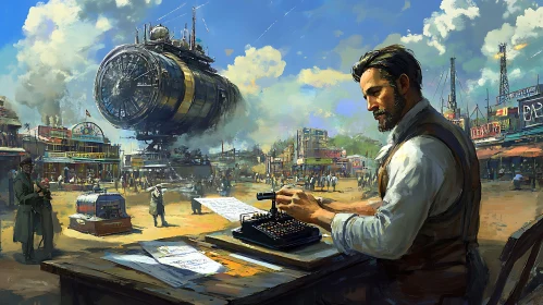 Man Typing in Steampunk City with Airship