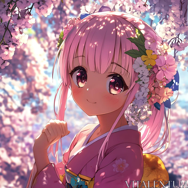 Anime Portrait of a Pink-Haired Girl in a Floral Setting AI Image