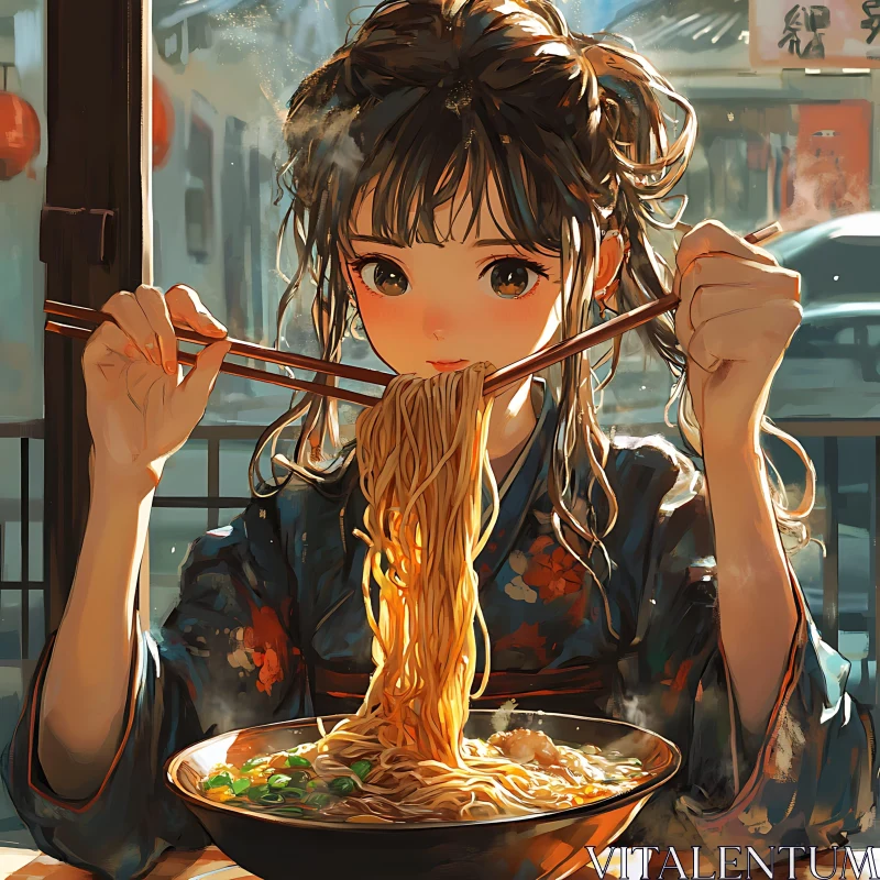 Traditional Kimono-Clad Anime Girl Enjoying Noodles AI Image