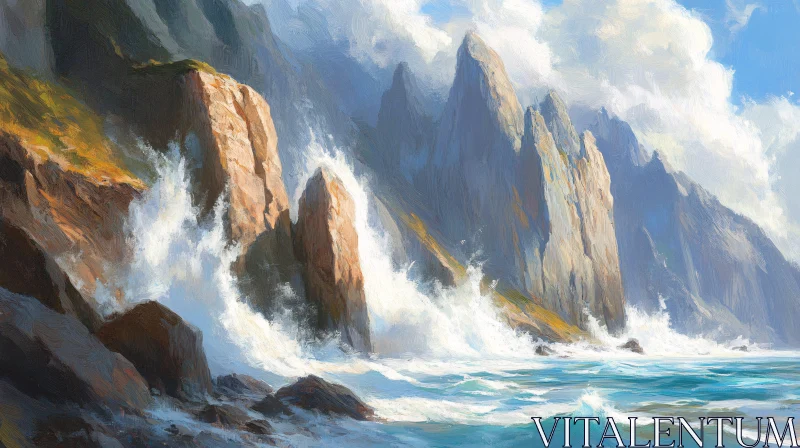 Powerful Sea Waves Hitting Cliffside AI Image