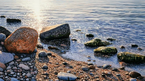 Tranquil Shoreline with Glistening Sunlight