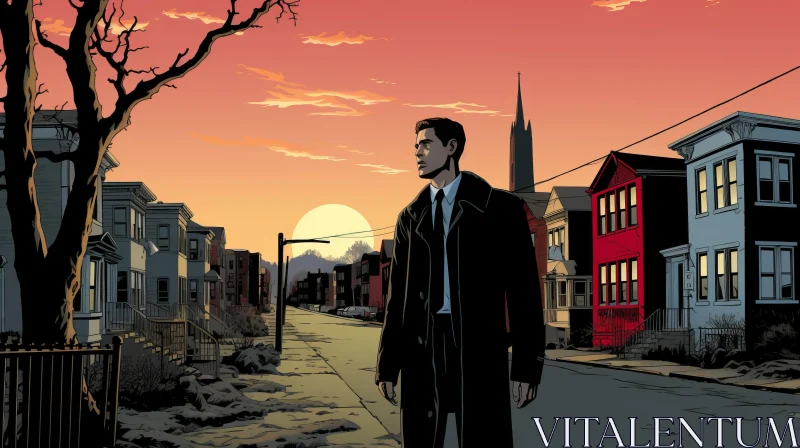 Comic Book Art: Man on Urban Street under Tonalist Skies AI Image