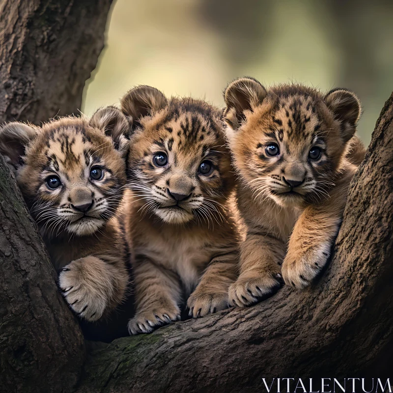 Lion Cubs Portrait on a Tree AI Image