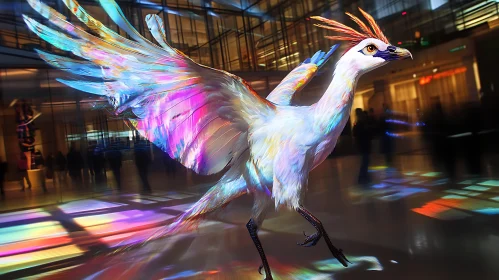 Rainbow Feathered Bird in Hallway