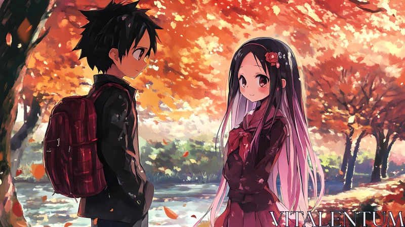 Anime Couple in Autumnal Setting AI Image