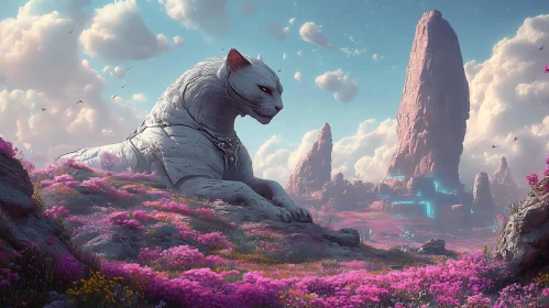 Monumental Feline Among Blossoms and Peaks