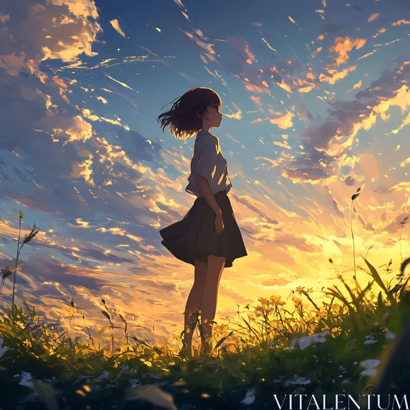 Sunset Reflections with Girl in Field AI Image