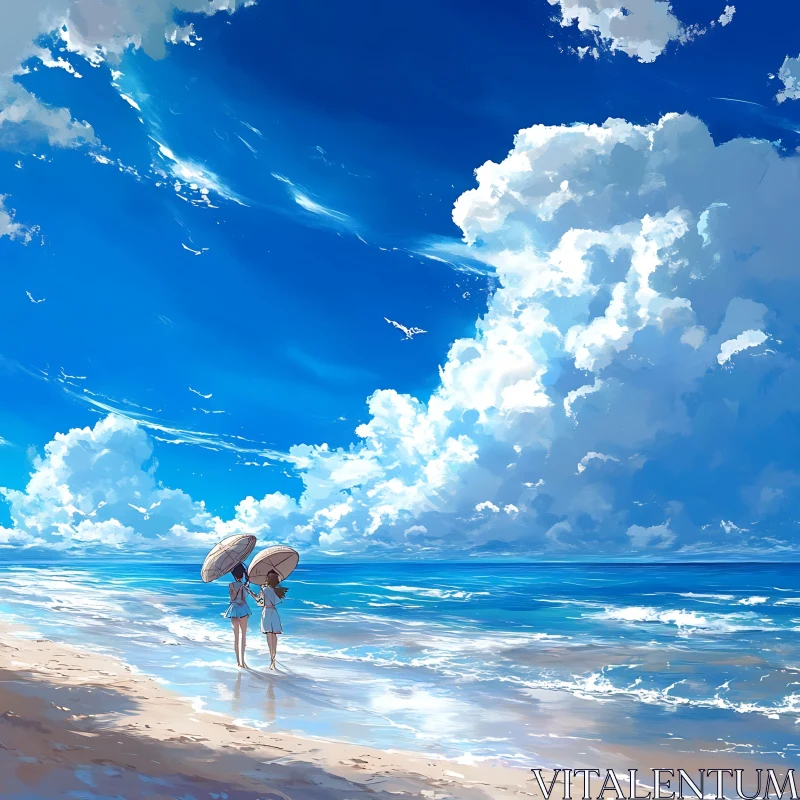 Girls with Umbrellas on a Sunny Beach AI Image