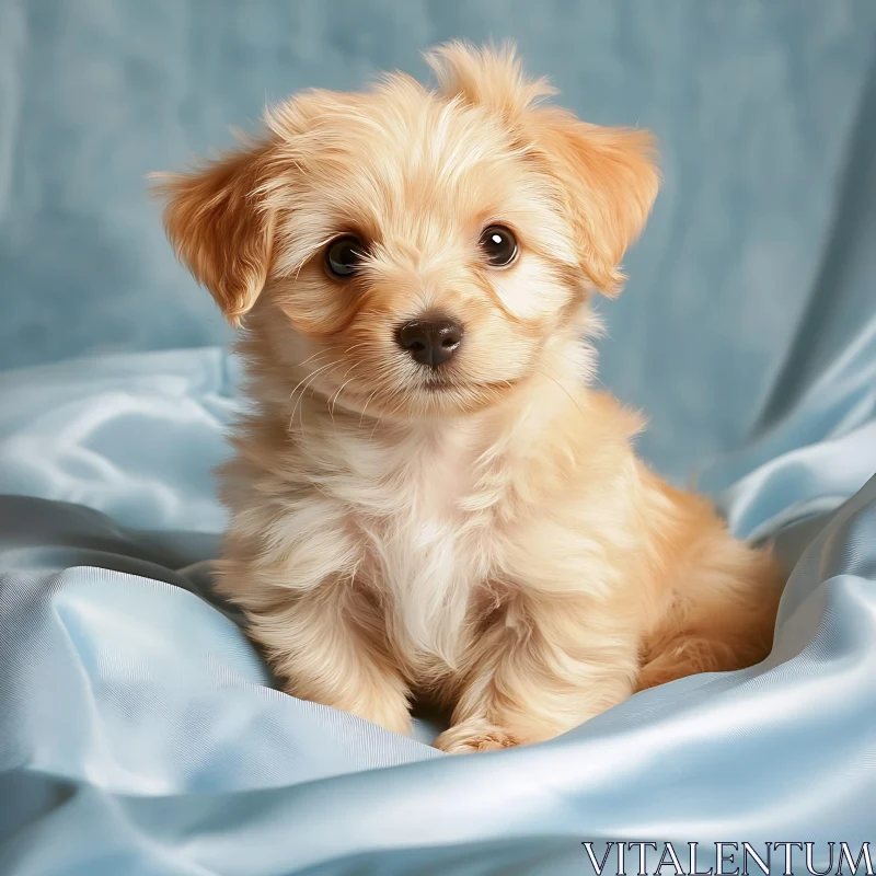 Charming Golden-Haired Puppy on Soft Blue Fabric AI Image