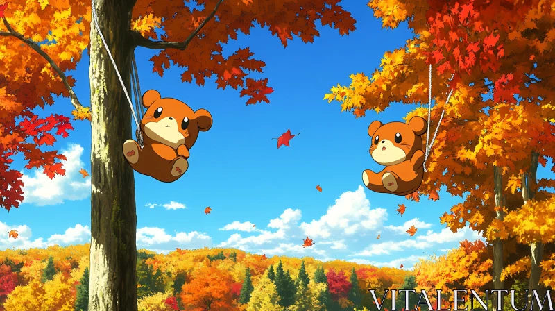 Autumn Forest Swinging Bears AI Image