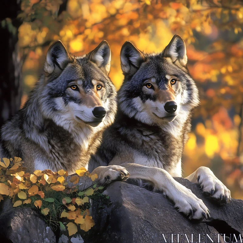 Two Wolves Resting in Fall AI Image