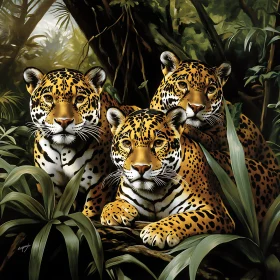 Three Jaguars in Lush Jungle Habitat