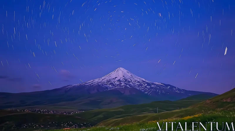 Snowy Mountain Under Starry Skies AI Image