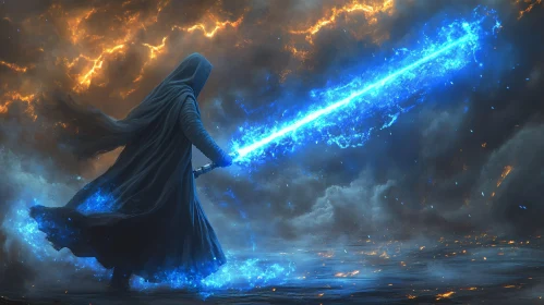 Cloaked Figure with Glowing Sword