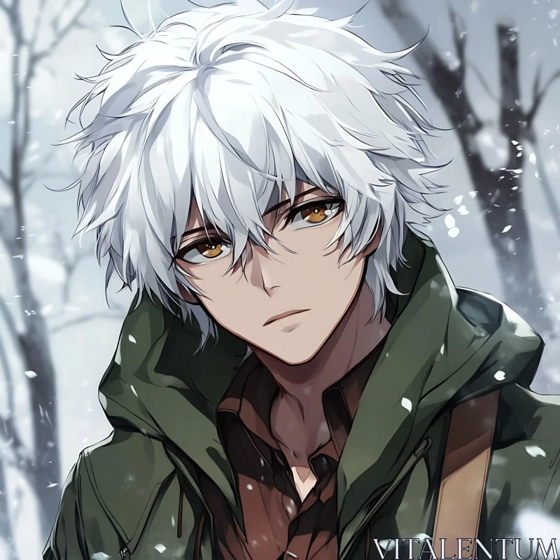 AI ART White-Haired Anime Character in Winter Wonderland