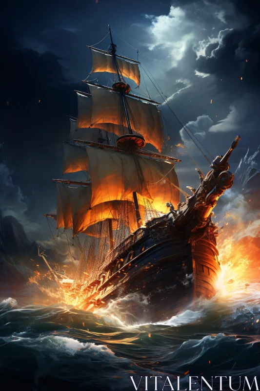 Flaming Sailing Ship Amidst Storm AI Image