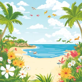 Seascape with Palm Trees and Floral Beauty