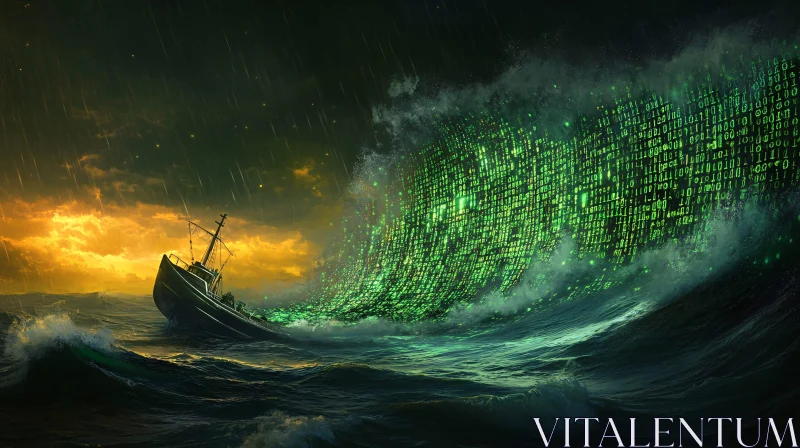 Digital Tsunami Boat in Storm AI Image